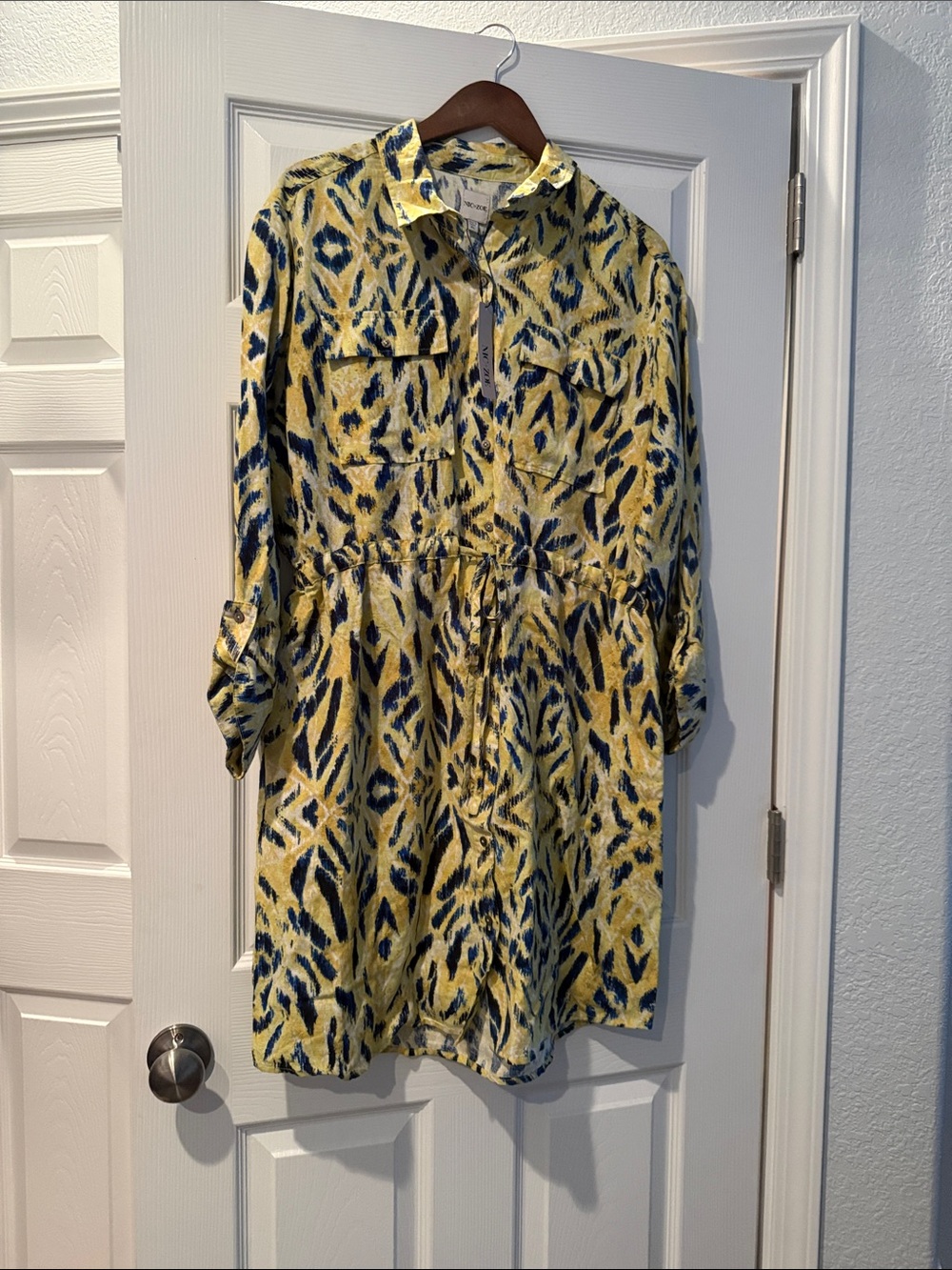 NIC+ZOE Yellow and Navy Printed Shirt Dress